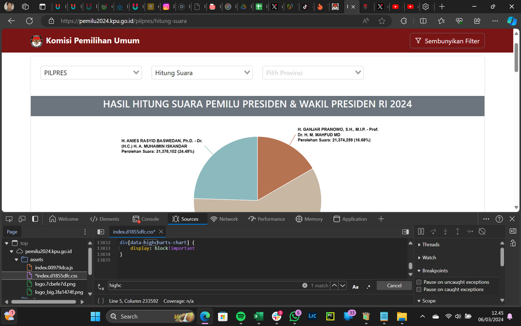 Diagram suara di Sirekap KPU masih bisa diakses melalui inspect element.